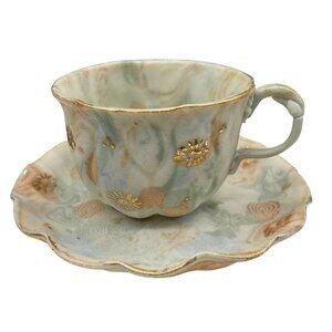 Vintage 1950s Japan Gray Gold Daisy Tea Cup & Saucer Set Demitasse 2"H X 4"D